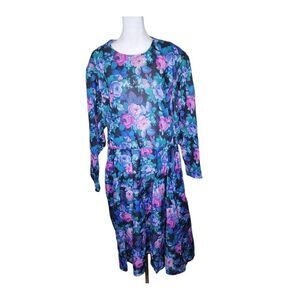 Vintage 80s Long Sleeve Blouson Floral Dress Womens Size 2XL Blue Purple
